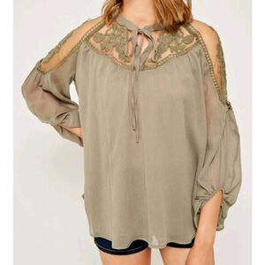 Hayden Los Angeles Sheer Tie Front Peasant TopSize M/ L Olive Green Embroidered